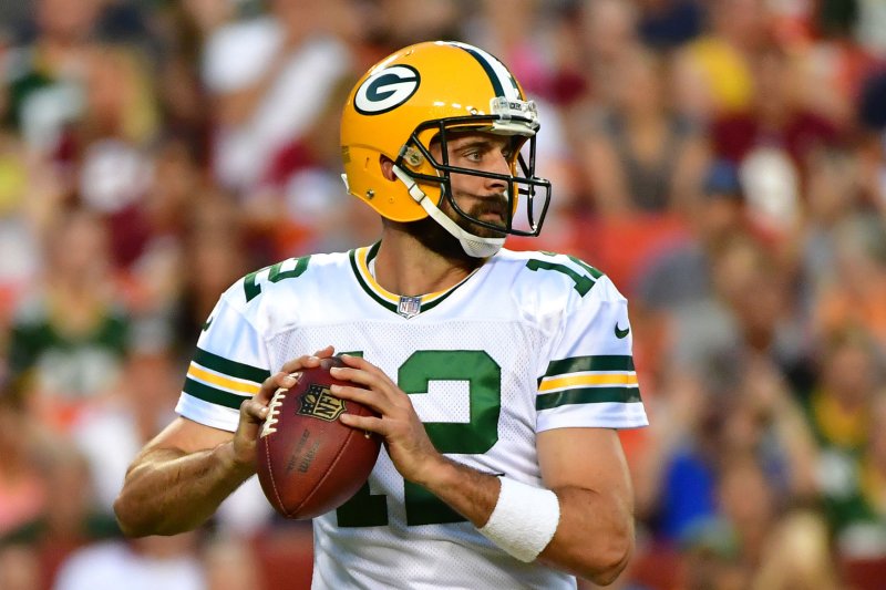 Green Bay Packers Quarterbak Aaron Rodgers looks to pass against the Washington Redskins in their pre-season game at FedEx Field in Landover, Maryland on August 19, 2017. Photo by Kevin Dietsch/UPI