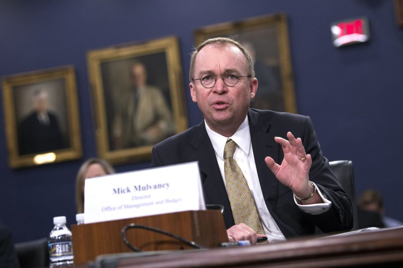 Office of Management and Budget Director Mick Mulvaney testifies during a House Financial Services and General Government Subcommittee hearing on the FY2019 Budget for the Office of Management and Budget on Capitol Hill in Washington, D.C., on Wednesday. Photo by Kevin Dietsch/UPI
