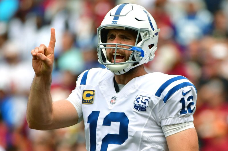 Indianapolis Colts quarterback Andrew Luck calls out a play against the Washington Redskins during their game at FedEx Field in Landover, Maryland on Sept. 16, 2018. Photo by Kevin Dietsch/UPI
