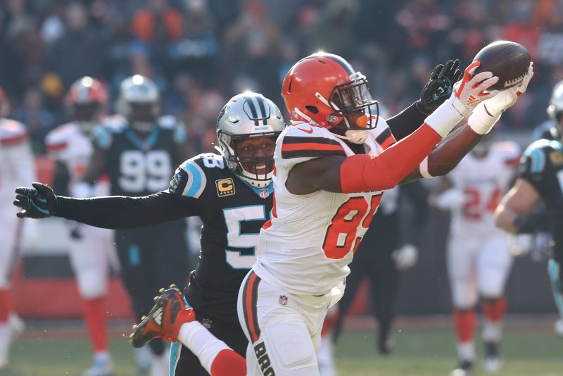 Cleveland Browns tight end David Njoku (R), shown Dec. 9, 2018, leads the team with 407 receiving yards this season. File Photo by Aaron Josefczyk/UPI