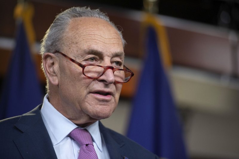Sen. Chuck Schumer, D-N.Y., told reporters Sunday that a massive $33 billion aid package for Ukraine will include provisions to seize and sell the U.S.-based assets of Russian oligarchs. Photo by Bonnie Cash/UPI