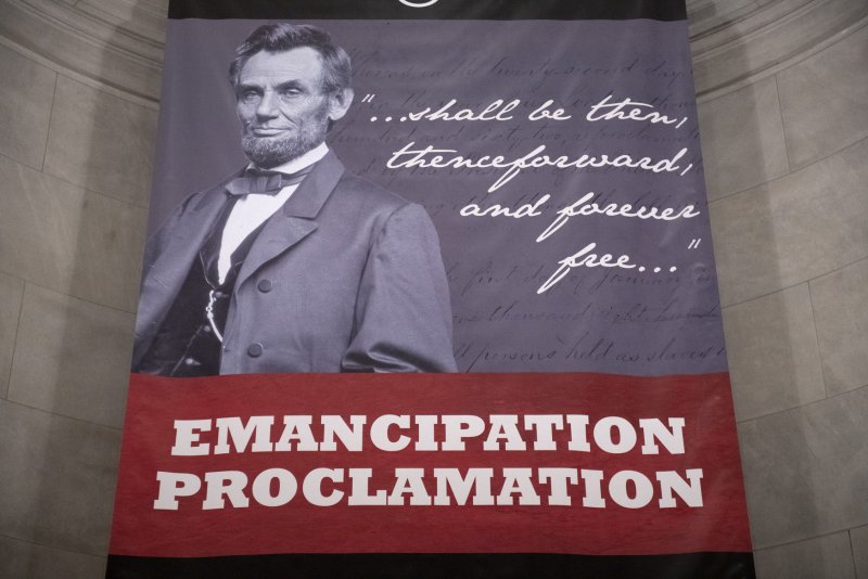 The Emancipation Proclamation is seen April 15 at the National Archives Museum in Washington, D.C. File Photo by Pat Benic/UPI | <a href="/News_Photos/lp/d7f330cc9f4090ed072bcb3b5cad7890/" target="_blank">License Photo</a>