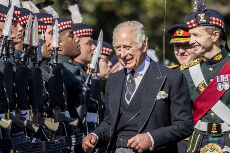 King Charles III, seen here receiving the keys to Edinburgh and the keys to the Palace of Holyroodhouse in September, will be coronated Saturday alongside his wife, Camilla, at Westminster Abbey in London. Photo by UK Ministry Of Defense/UPI