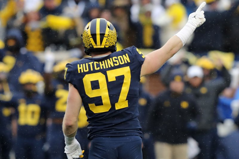 Defensive end Aidan Hutchinson and the No. 2 Michigan Wolverines battle the No. 13 Iowa Hawkeyes in the Big Ten Championship game at 8 p.m. EST Saturday on Fox. File&nbspPhoto by Aaron Josefczyk/UPI