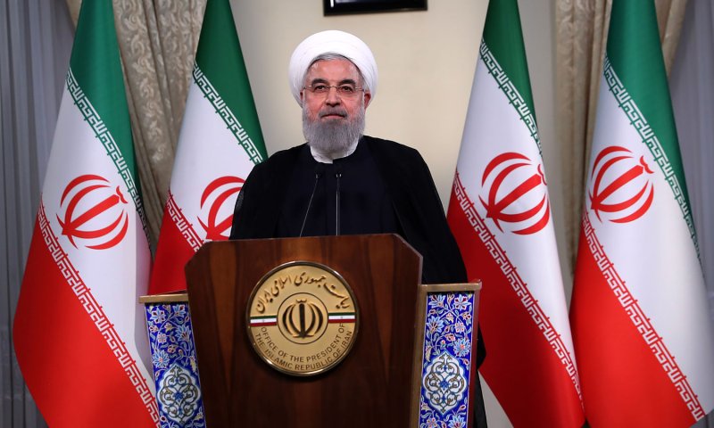 Iranian President Hassan Rouhani speaks on Iran TV in Tehran, Iran after U.S. President Donald Trump pulled out of the nuclear deal on Tuesday, May 8. On Monday, Iran will make its case against the sanctions in international court. File Photo by the Iranian Presidency Office/UPI