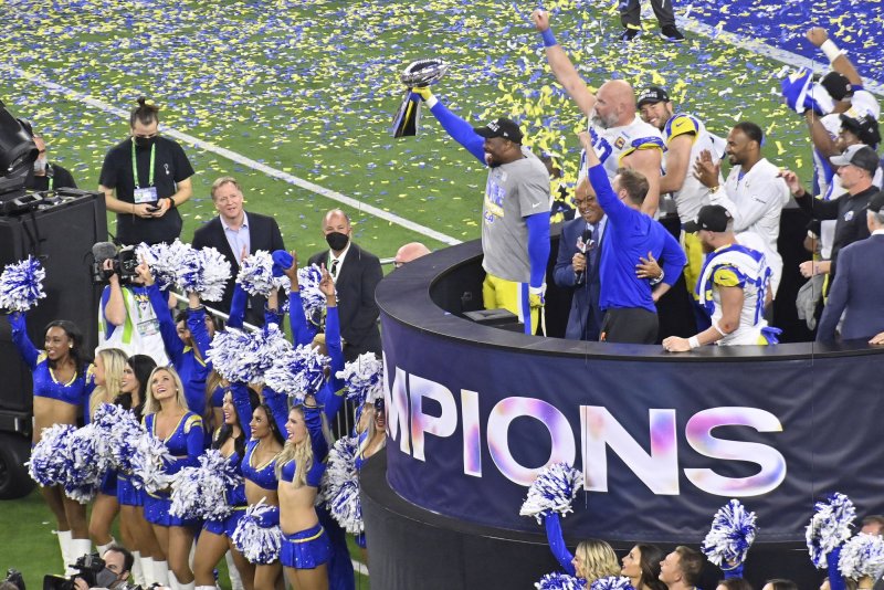 Los Angeles Rams players, coaches and staff celebrate after defeating the Cincinnati Bengals 23-20 in Super Bowl LVI at SoFi Stadium in Inglewood, Calif., on Sunday night. Photo by Jim Ruymen/UPI