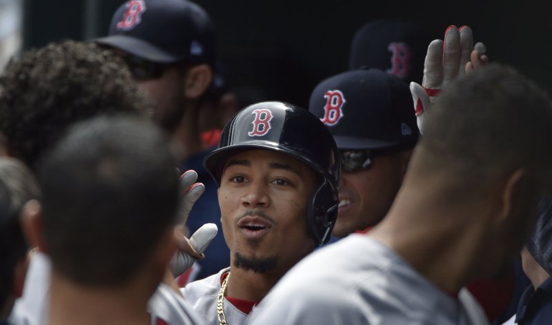 Mookie Betts and the Boston Red Sox battered the Oakland A's on Tuesday. Photo by David Tulis/UPI