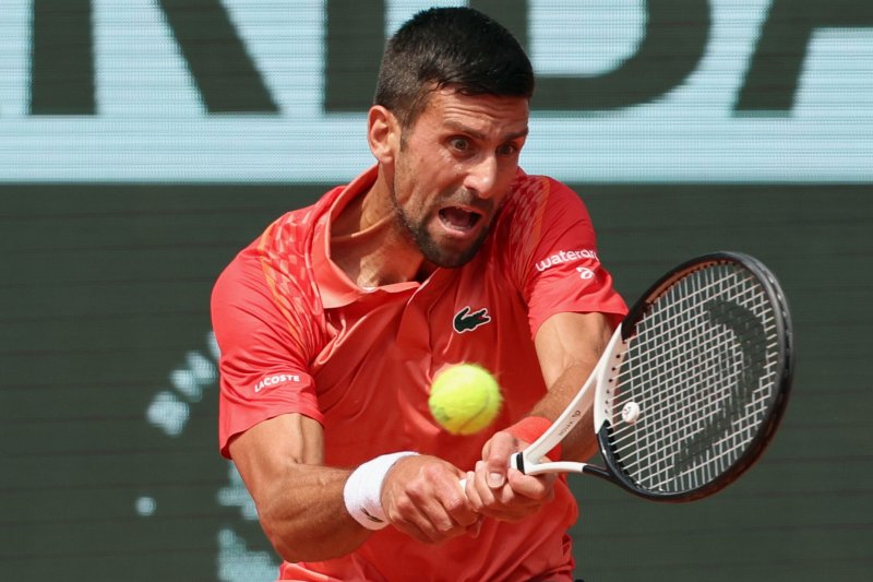 Third-seeded Novak Djokovic of Serbia plays against top-seeded Carlos Alcaraz of Spain at the French Open on Friday in Paris. Photo by Maya Vidon-White/UPI