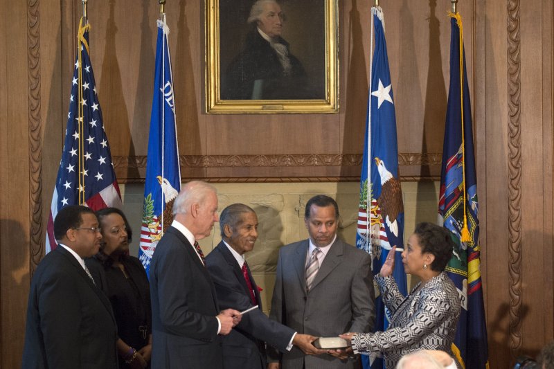 Loretta Lynch is sworn in as the 83rd U.S. Attorney General by Vice President Joe Biden at the Justice Department in Washington, D.C. on April 27, 2015. Photo by Kevin Dietsch/UPI