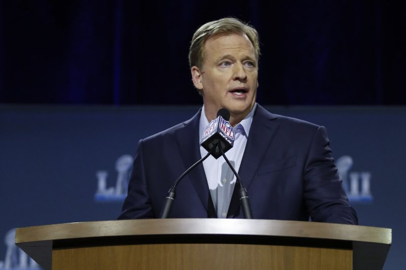 NFL Commissioner Roger Goodell speaks to the media at Super Bowl LII press conference on January 31 at Hilton Minneapolis in Minneapolis, Minnesota. Photo by Kamil Krzaczynski/UPI