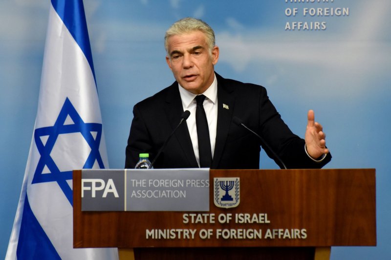 Israeli Foreign Minister Yair Lapid speaks to the Foreign Press Association in the Foreign Ministry in Jerusalem in September 2021. File Photo by Debbie Hill/UPI | <a href="/News_Photos/lp/e06360f759dd684238a1f6c0c0d0e7b0/" target="_blank">License Photo</a>