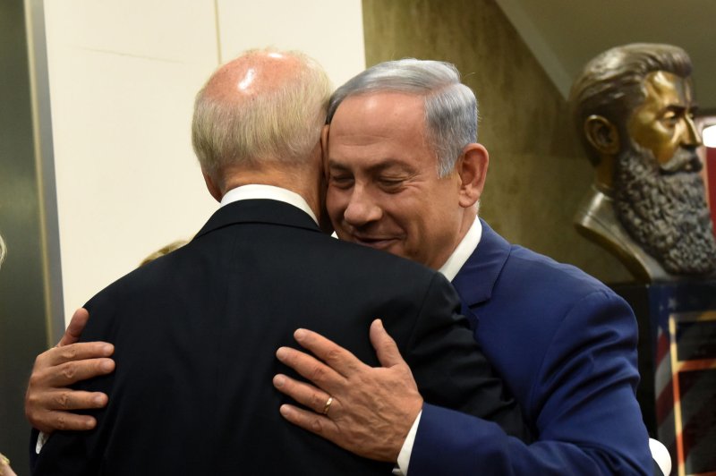 Israeli Prime Minister Benjamin Netanyahu greets President Joe Biden upon his arrival to the prime minister's office while Biden was still Vice President in 2016. File photo by Debbie Hill/ UPI