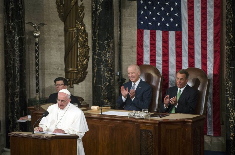 Pope Francis address a Joint Meeting of Congress at the U.S. Capitol Building in Washington, D.C. on September 24, 2015. Seated behind the Pope were Vice President Joe Biden and Speaker of the House John Boehner (R-OH). Photo by Kevin Dietsch/UPI