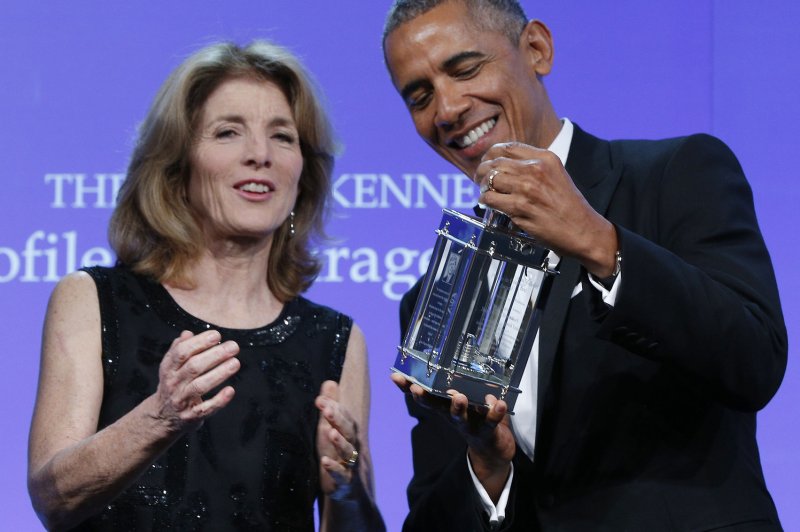 Former U.S. President Barack Obama receives the 2017 John F. Kennedy Profile In Courage Award by Caroline Kennedy at the John F. Kennedy Library in Boston, Massachusetts on May 7, 2017. Monday, the former president was named a winner of the 2018 Ripple of Hope award from Robert F. Kennedy Human Rights. File Photo by CJ Gunther/UPI