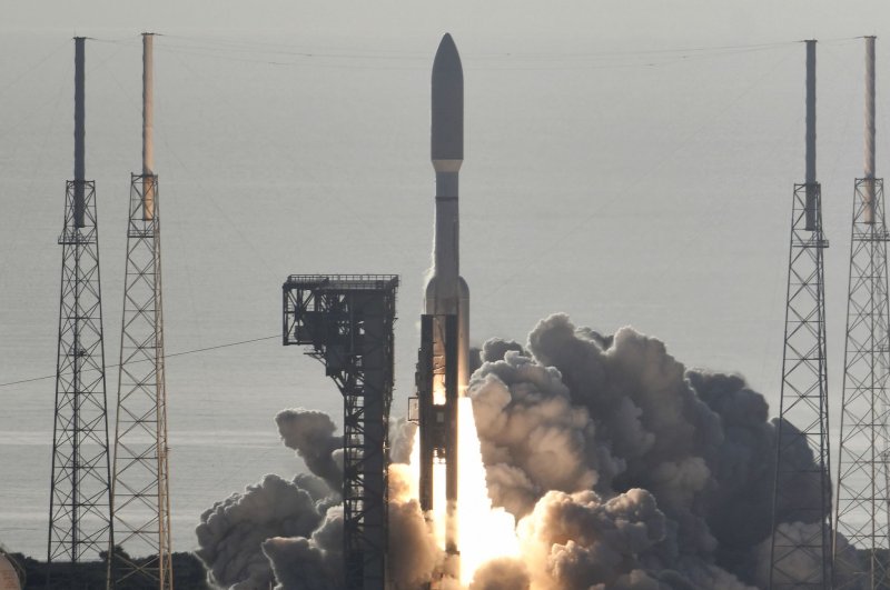 A United Launch Alliance Atlas V rocket lifts off at 7:50 a.m. Thursday from Cape Canaveral Air Force Station in Florida, carrying NASA's Perseverance Rover and Ingenuity helicopter to Mars. Photo by Joe Marino/UPI | <a href="/News_Photos/lp/f15553f40785a7c7ab185c97b27537d6/" target="_blank">License Photo</a>