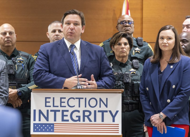 Florida Gov. Ron DeSantis talks at a press conference at the Broward County Courthouse on Thursday, stating 20 former convicts have been charged with voting in the 2020 election. Photo By Gary I Rothstein/UPI | <a href="/News_Photos/lp/17a5b904614fef58dcc58a9afbac8fcf/" target="_blank">License Photo</a>