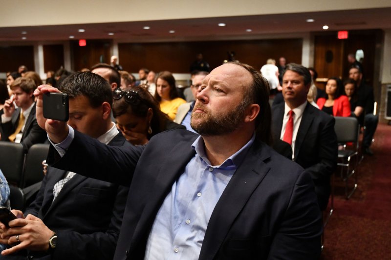Alex Jones was grilled in court Thursday during a defamation trial brought by parents of the victims of the Sandy Hook shooting. Photo by Pat Benic/UPI | <a href="/News_Photos/lp/a43d54e9813756229c03a3e608954765/" target="_blank">License Photo</a>