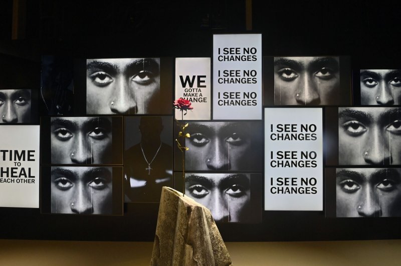 An exhibit is seen on display during the opening of the "Tupac Shakur. Wake Me When I'm Free" museum at The Canvas at LA Live on Sunday. The limited-run immersive museum explores the life, music and legacy of the rapper File Photo by Jim Ruymen/UPI