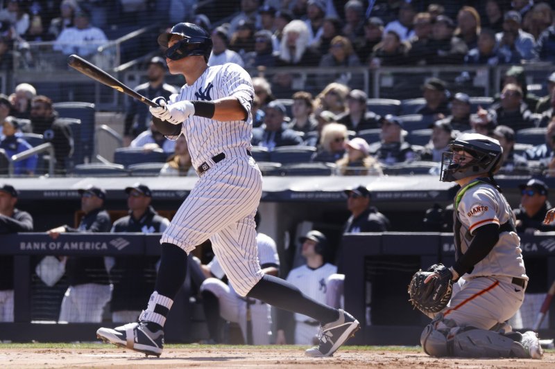 New York Yankees outfielder Aaron Judge hits a solo home run in the first inning against the San Francisco Giants on Thursday at Yankee Stadium in New York. Photo by John Angelillo/UPI