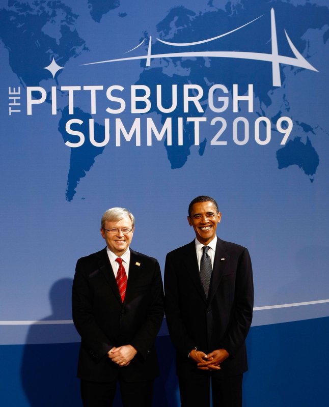 Australian Prime Minister Kevin Rudd (L) with , U.S. President Barack Obama at a G20 conference in Pittsburgh Sept. 24, 2009. UPI/Win McNamee/Pool | <a href="/News_Photos/lp/4cce04b2848b0ca1301db50528373b60/" target="_blank">License Photo</a>