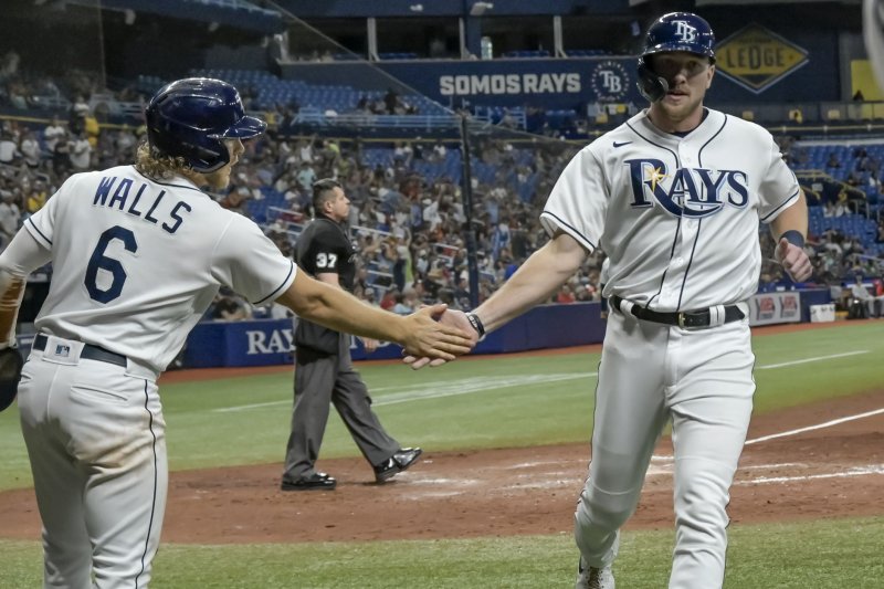 Tampa Bay Rays outfielder Luke Raley (R) went 2 for 3 with two runs scored and an RBI in a win over the Baltimore Orioles on Thursday in Baltimore. File Photo by Steve Nesius/UPI