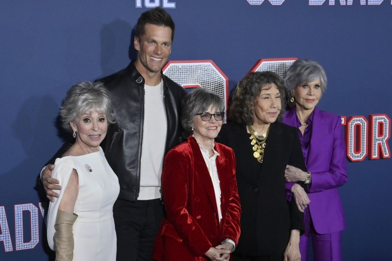 Rita Moreno, Tom Brady, Sally Field, Lily Tomlin and Jane Fonda, from left to right, attend the Los Angeles premiere of "80 For Brady" on Tuesday. Photo by Jim Ruymen/UPI