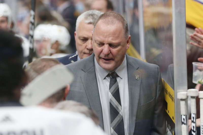Vegas Golden Knights head coach Gerard Gallant was unhappy with a major penalty called on Cody Eakin for cross checking during Game 7. The penalty led to four goals and the Golden Knights lost against the San Jose Sharks. File Photo by Bill Greenblatt/UPI