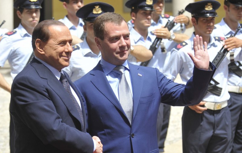 Ex-Italian Prime Minister Silvio Berlusconi (L) failed Wednesday in a bid to have judges recused from a Milan trial in which he's accused of bribing a tax lawyer. Pictured with Rissian President Dmitry Medvedev (R). UPI Photo/Alex Volgin..
