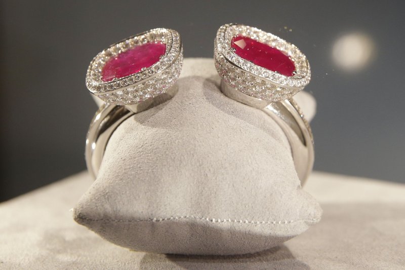 A Cartier Paris ruby and diamond bracelet, formerly in the collection of Wallis Simpson, duchess Of Windsor, is on display as part of the upcoming Magnificent Jewels sale in Geneva at Christie's New York galleries on Tuesday. Photo by John Angelillo/UPI | <a href="/News_Photos/lp/d7130a7eabb078d2b37da247e11c4c1a/" target="_blank">License Photo</a>