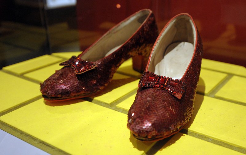 Red "Ruby Slippers," worn by Judy Garland as Dorothy in the Wizard of Oz, on display at the National Museum of American History in Washington, Nov. 19, 2008. (UPI Photo/Roger L. Wollenberg)