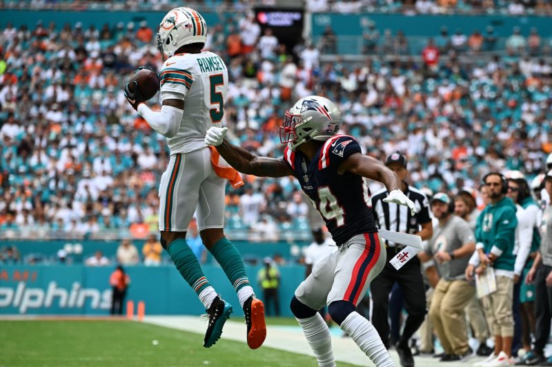Miami Dolphins cornerback Jalen Ramsey (L) makes an interception in the second quarter against the New England Patriots on Sunday at Hard Rock Stadium in Miami Gardens, Fla. Photo by Larry Marano/UPI