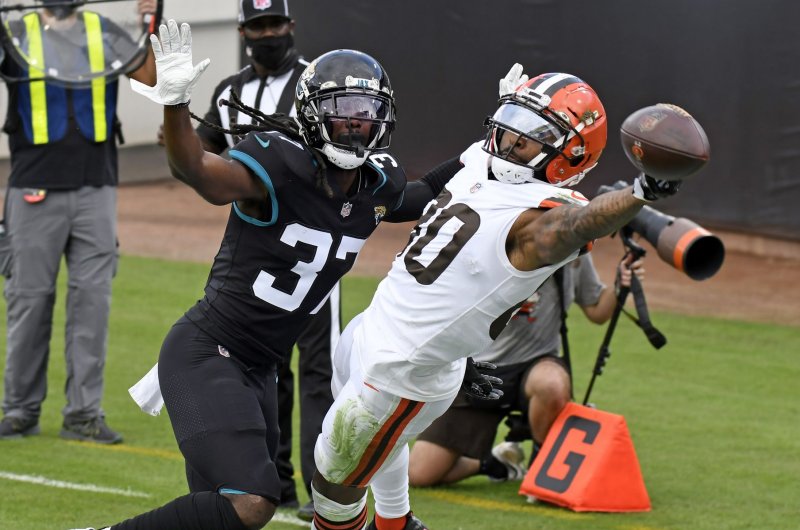 Cleveland Browns wide receiver Jarvis Landry (R) could be released this off-season due to the team's limited salary cap penalty for making that move. File Photo by Joe Marino/UPI