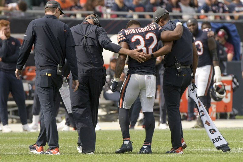 Chicago Bears running back David Montgomery (32), shown Oct. 3, 2021, has been sidelined since Week 4 because of a sprained knee. File Photo by Mark Black/UPI