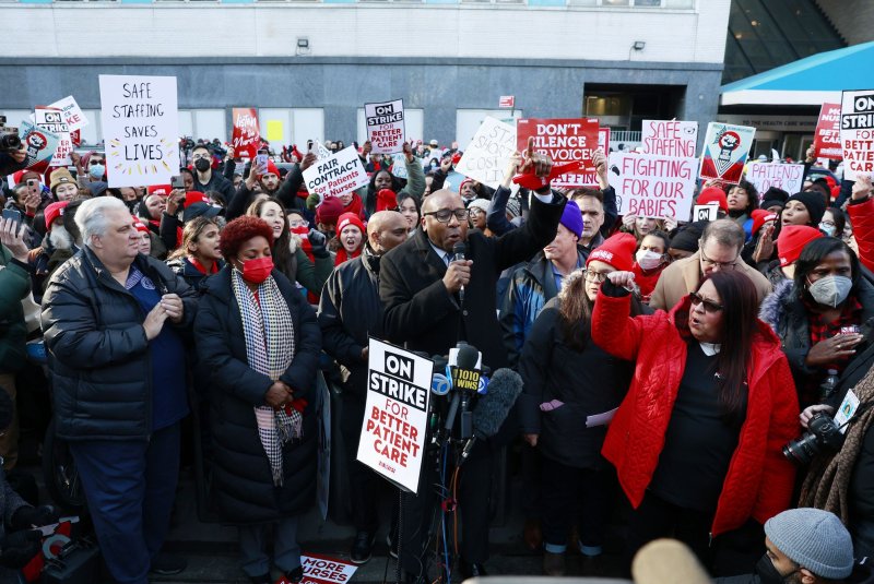 Nurses strike and hold a rally outside of Mount Sinai Hospital on Monday. The union representing the nurses said the strike ended Thursday. Photo by John Angelillo/UPI