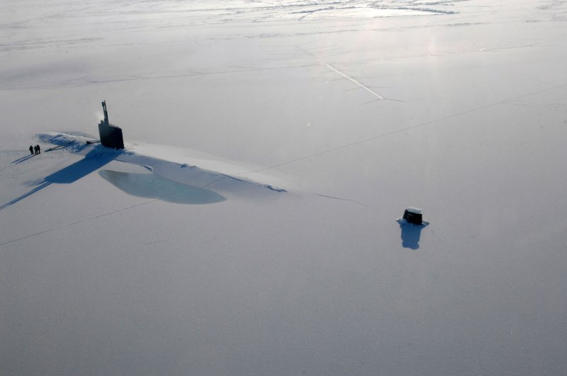 The Los Angeles-class submarine USS Annapolis is seen on the surface of the Arctic Ocean after breaking through three feet of ice during a training exercise on March 21, 2009. (UPI Photo/Tiffini M. Jones/U.S. Navy)