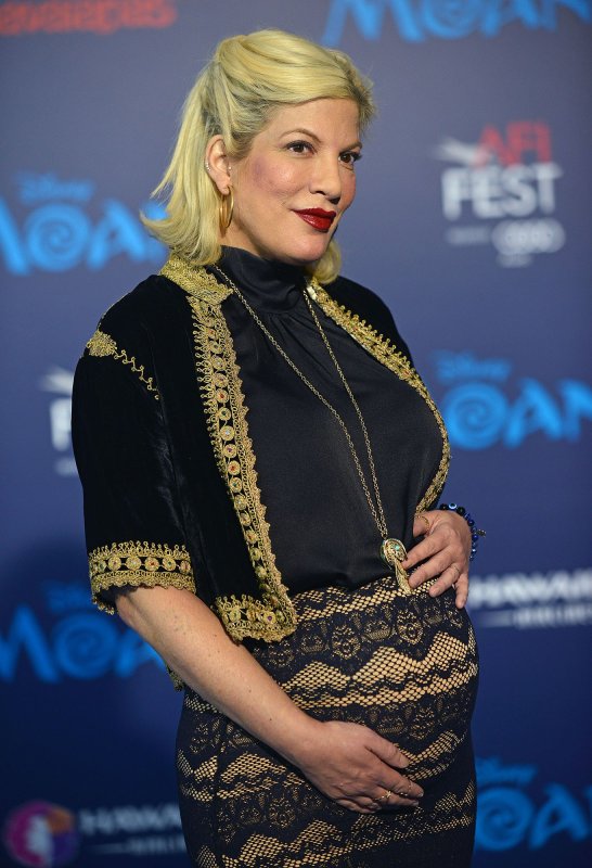 Tori Spelling at the Los Angeles premiere of "Moana" on November 14, 2016. The television personality is expecting her fifth child with Dean McDermott. File Photo by Christine Chew/UPI