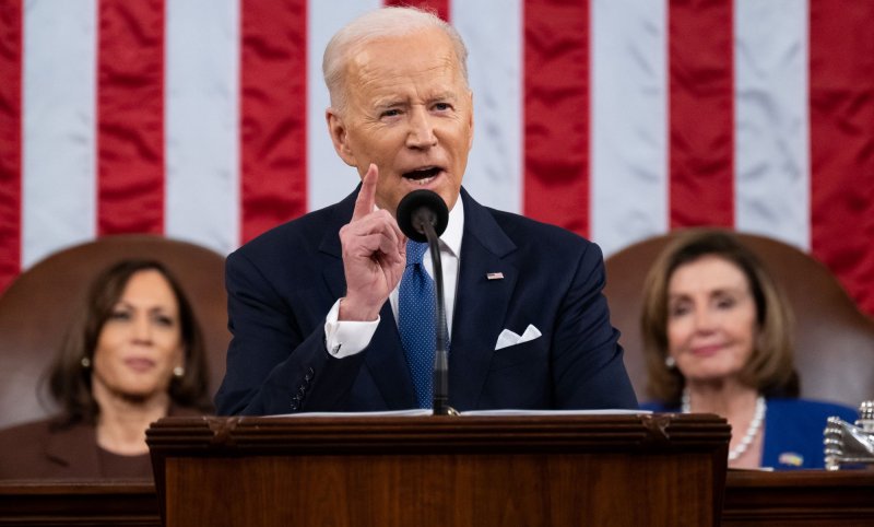 US President Joe Biden speaks during his State of the Union address to a Joint Session of Congress at the U.S. Capitol on Tuesday.&nbsp;Biden urged unity to beat the opioid epidemic, proposing an increase in funding for addiction prevention, treatment, harm reduction and recovery. Pool Photo by Saul Loeb/UPI