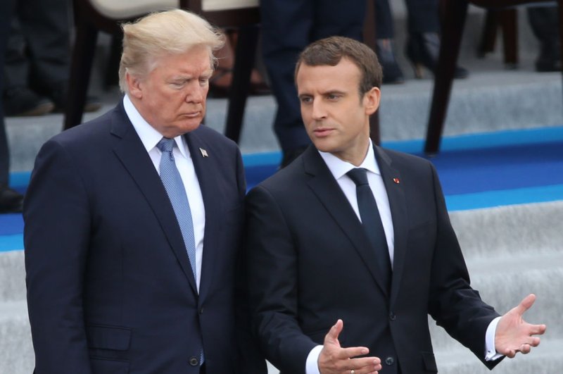 French President Emmanuel Macron (R) is expected to pressure U.S. President Donald Trump to keep the United States in the Iran nuclear deal. File Photo by Maya Vidon-White/UPI
