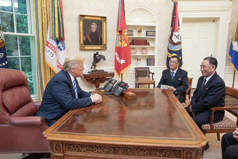 President Donald Trump welcomes North Korean envoy Kim Yong Chol to the Oval Office on Friday. White House Photo by Shealah Craighead/UPI