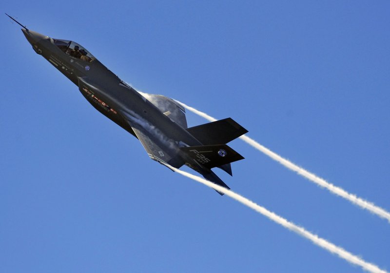 An F-35 Lightning II Joint Strike Fighter test aircraft banks over the flightline at Eglin Air Force Base, Florida on, April 23, 2009. The aircraft is the first F-35 to visit the base which will be the future home of the JSF training facility. (UPI Photo/Julianne Showalter/US Air Force)