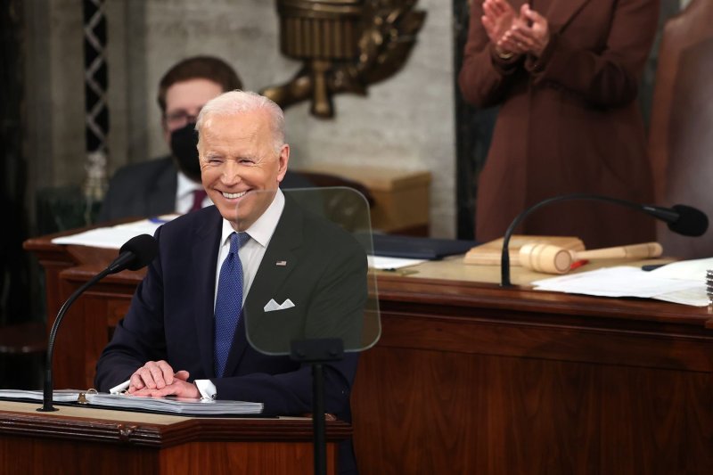 President Joe Biden delivers his first State of the Union Address to a joint session of Congress at the U.S. Capitol in Washington, DC on Tuesday, March 1, 2022. Pool photo by Julie Nikhinson/UPI | <a href="/News_Photos/lp/19d917fb92e850d2fe55994a6b00a703/" target="_blank">License Photo</a>
