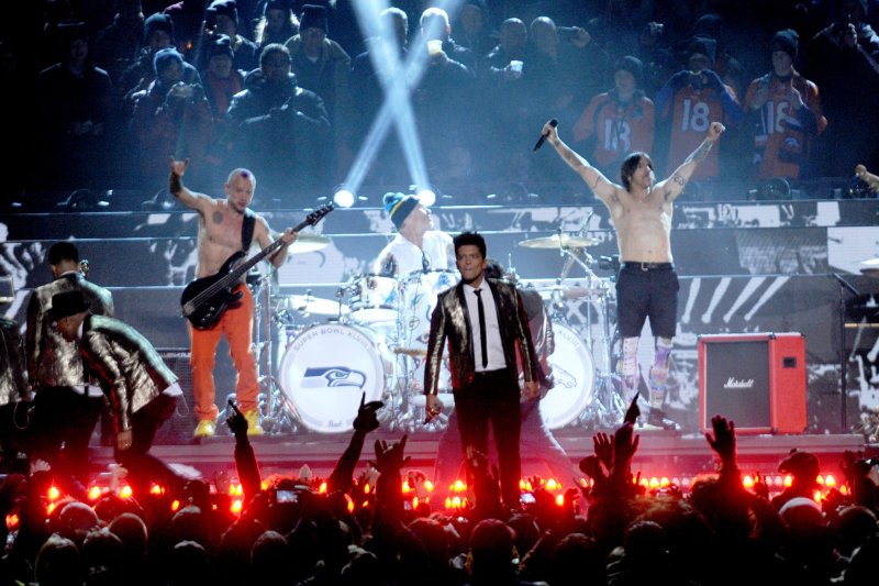Bruno Mars performs the halftime show with the Red Hot Chili Peppers at the Super Bowl XLVIII at MetLife Stadium in East Rutherford, New Jersey on February 2, 2014. MetLife Stadium hosts the NFL's first outdoor cold weather Super Bowl. UPI/Dennis Van Tine