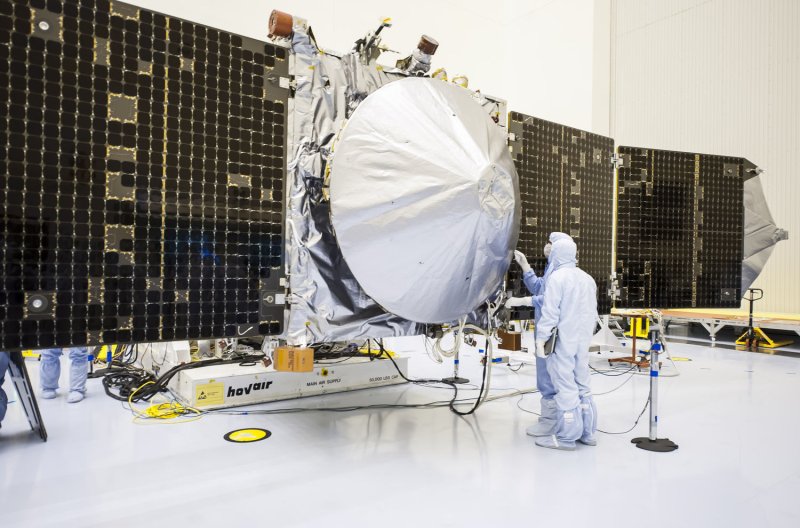 The Mars Atmosphere and Volatile Evolution Mission (MAVEN) spacecraft undergoes final preparations at the Kennedy Space Center, Florida on September 27, 2013. The Lockheed Martin spacecraft will orbit the planet Mars for one year after completing a ten month journey through space. UPI/Joe Marino-Bill Cantrell