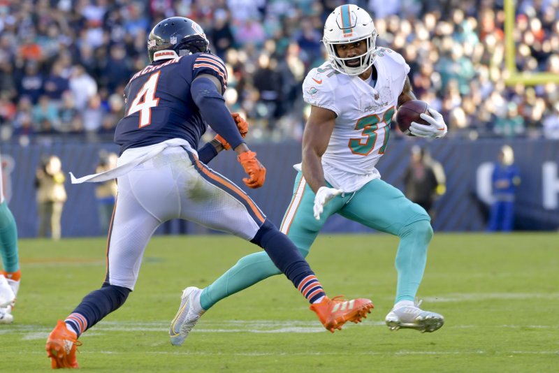 Miami Dolphins running back Raheem Mostert (R) has been a fantasy football RB1 so far this season, but could struggle to find running room Sunday against the Philadelphia Eagles. File Photo by Mark Black/UPI