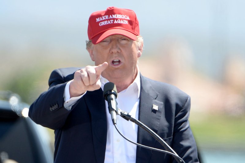 The leader in the race for the Republican presidential nomination Donald Trump points at the media as he speaks a rally at Fountain Park in Fountain Hills, Arizona, March 19, 2016. Photo by Art Foxall/UPI