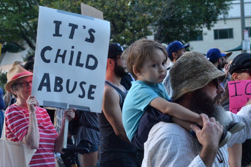 Hundreds march to the Metropolitan Detention Center in Los Angeles on Thursday to protest the federal policy of separating children from their parents at the Mexico border, joining rallies in about 60 cities across the country. Photo by Jim Ruymen/UPI