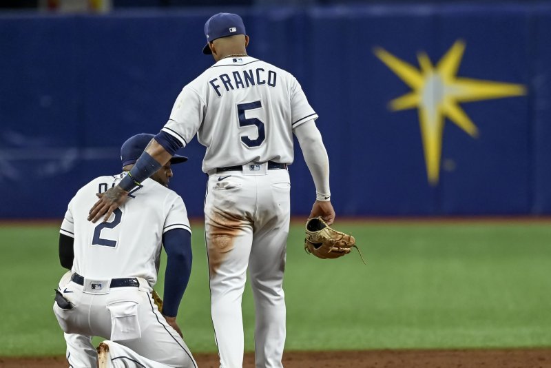 Tampa Bay Rays shortstop Wander Franco (5) hasn't played since Aug. 12 as MLB and Dominican Republic authorities investigate him on allegations that he had inappropriate relationships with minors. File Photo by Steven J. Nesius/UPI