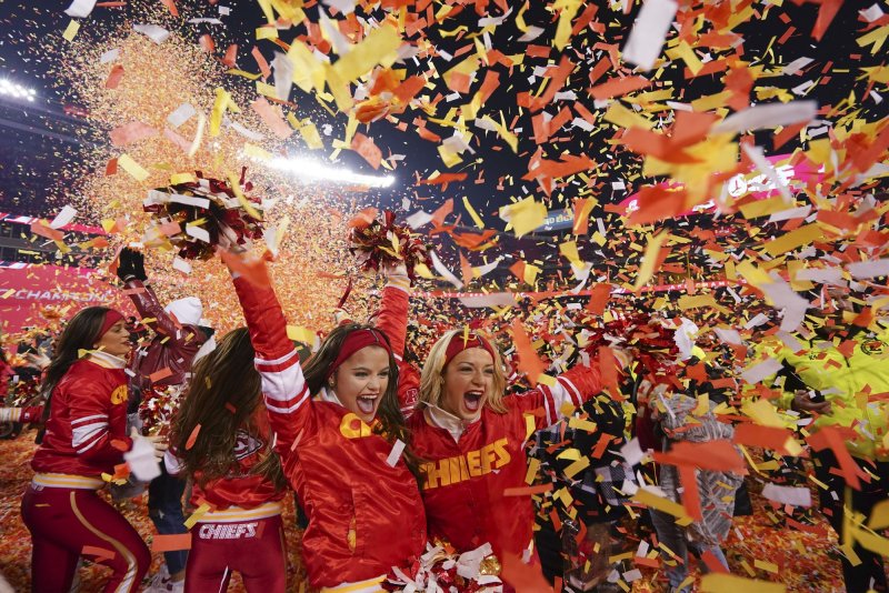 Kansas City Chiefs cheerleaders celebrate in the confetti after beating the Cincinnati Bengals in the AFC Championship Game at GEHA Field at Arrowhead Stadium in Kansas City, Mo., on Sunday. Photo by Kyle Rivas/UPI