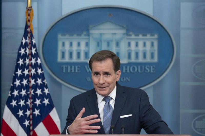 National Security Council spokesperson John Kirby participates in the daily briefing at the White House on Monday. He said on Friday that Iran was moving to help Russia build a military drone factory. Photo by Chris Kleponis/UPI