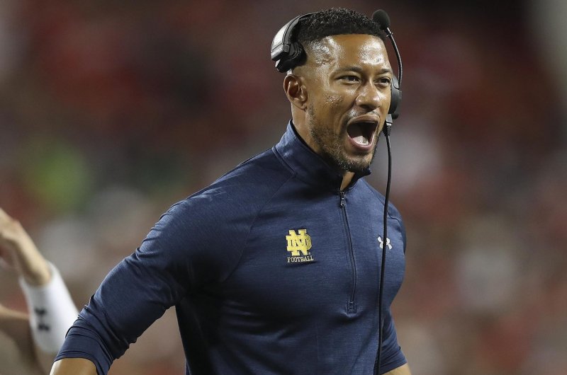 Head coach Marcus Freeman led Notre Dame to a 44-0 win over Boston College on Saturday in Notre Dame, Ind. File Photo by Aaron Josefczyk/UPI | <a href="/News_Photos/lp/58696dc5388cc61250d360c94b4a127f/" target="_blank">License Photo</a>